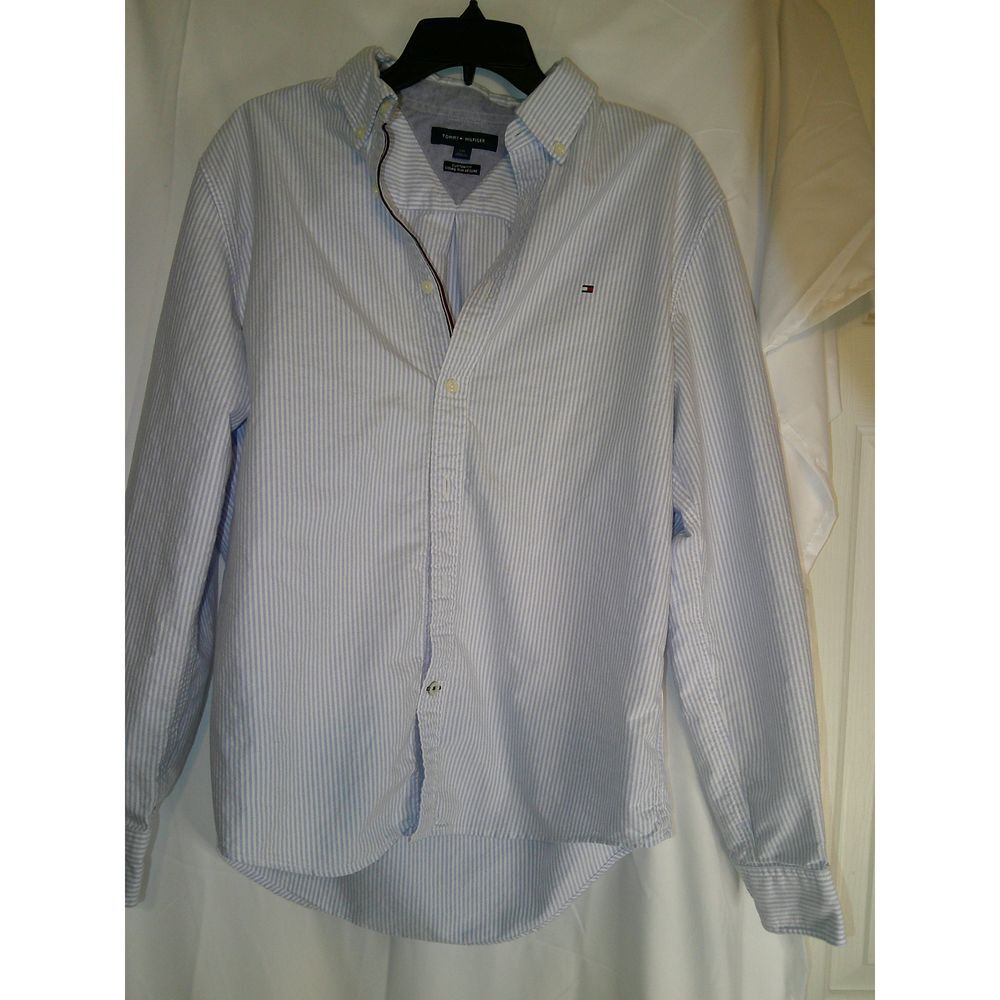 Vintage Tommy Hilfiger Custom Fit Blue & White Striped Long Sleeve Dress Shirt L